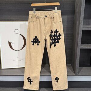 New Chrome Hearts Men's Women's Cross Patch Khaki Limited Edition Couple Jeans